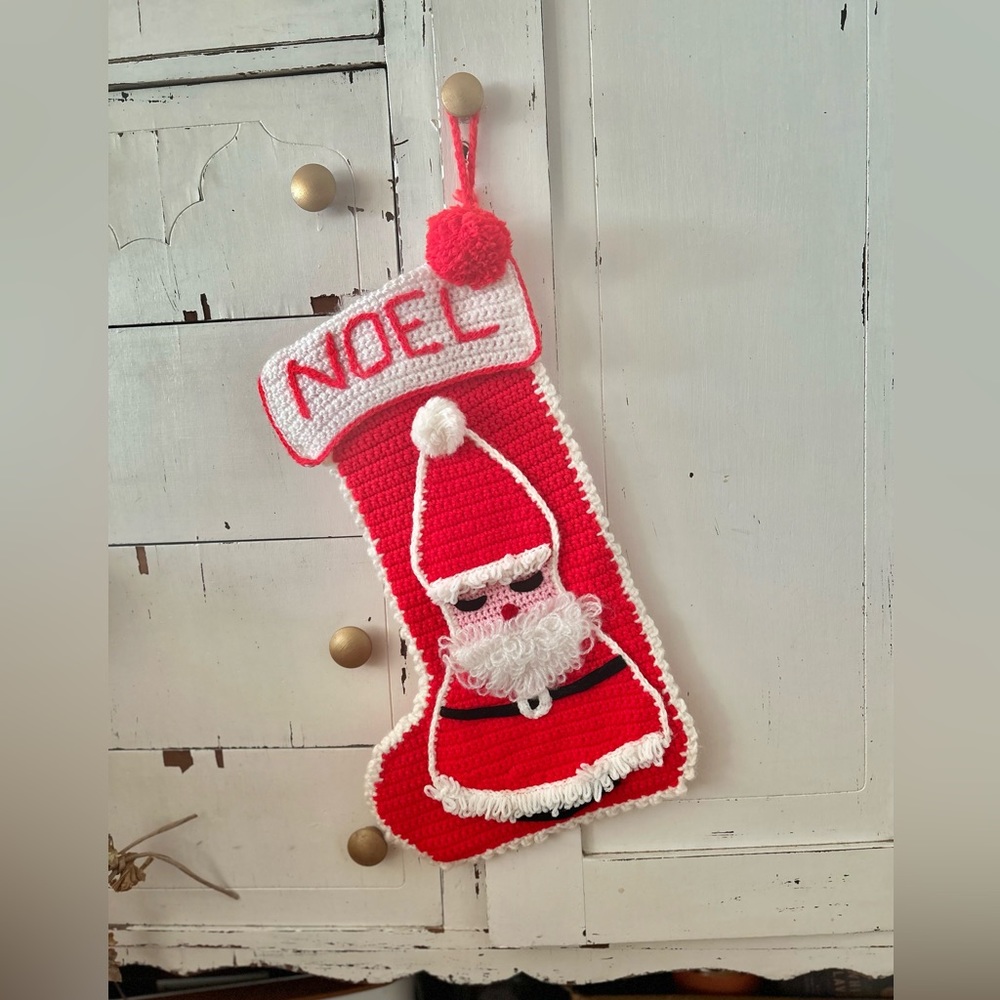 Christmas Handmade Crochet Large Stuffed Santa Noel Vintage Stocking